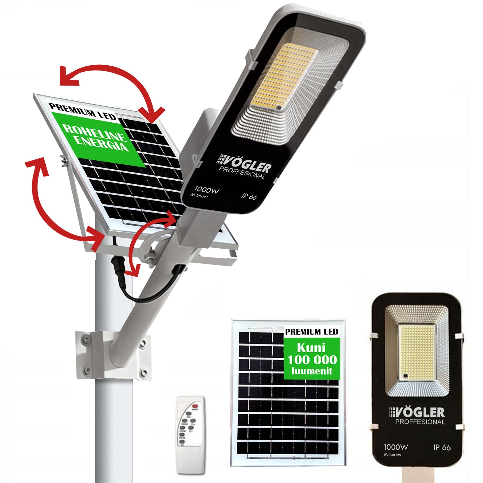 Võimas päikeseenergial töötav lamp, hämardusandur, kaugjuhtimispult, Vögler Professional 1000W