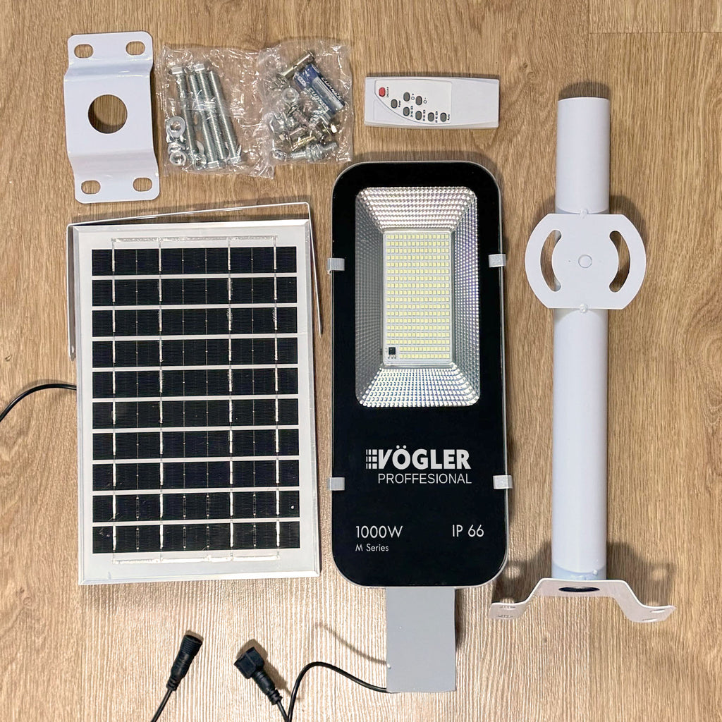 Võimas päikeseenergial töötav lamp, hämardusandur, kaugjuhtimispult, Vögler Professional 1000W