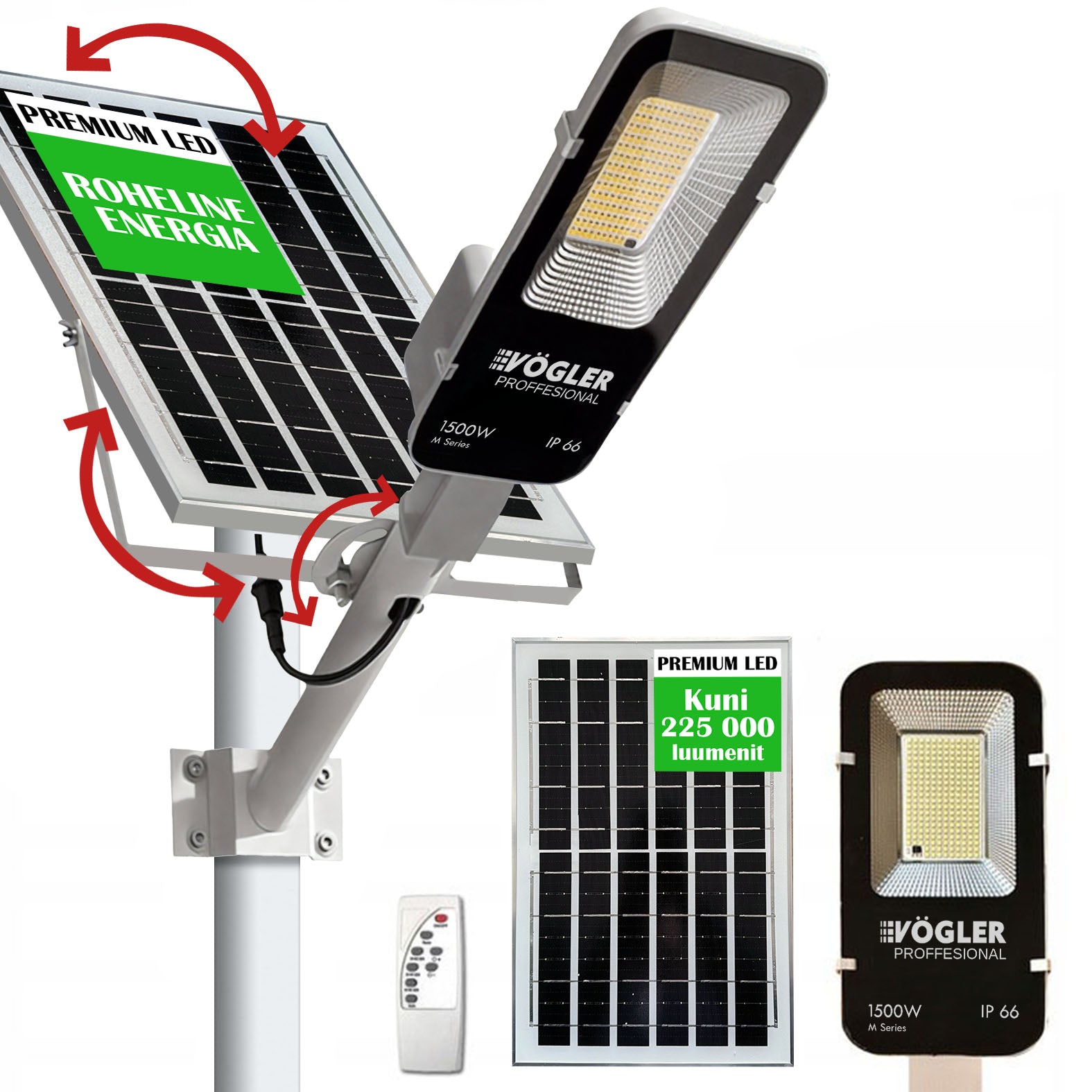Võimas päikeseenergial töötav lamp, hämardusandur, kaugjuhtimispult, Vögler Professional 1500W