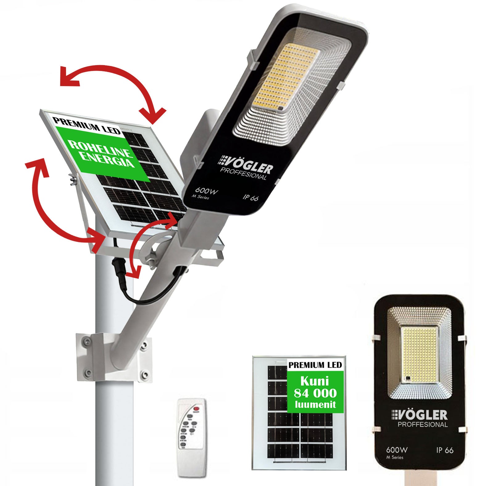 Võimas päikeseenergial töötav lamp, hämardusandur, kaugjuhtimispult, Vögler Professional 600W