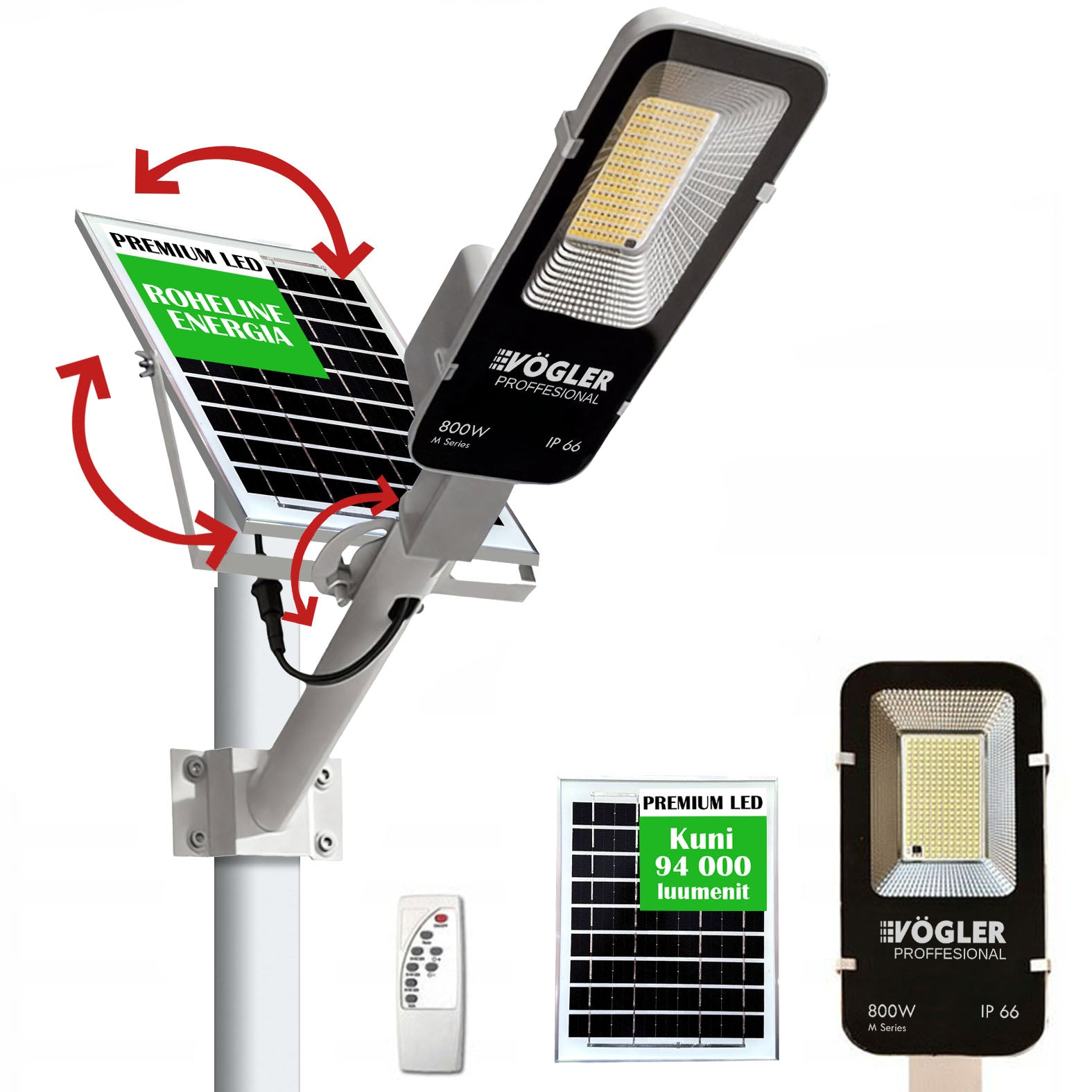 Võimas päikeseenergial töötav lamp, hämardusandur, kaugjuhtimispult, Vögler Professional 800W