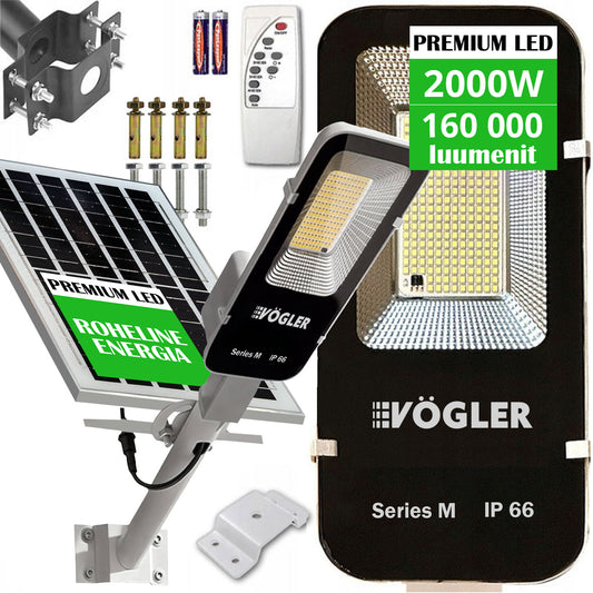 Võimas päikeseenergial töötav valgustus, hämardusandur, kaugjuhtimispult, Vögler Series M 2000W