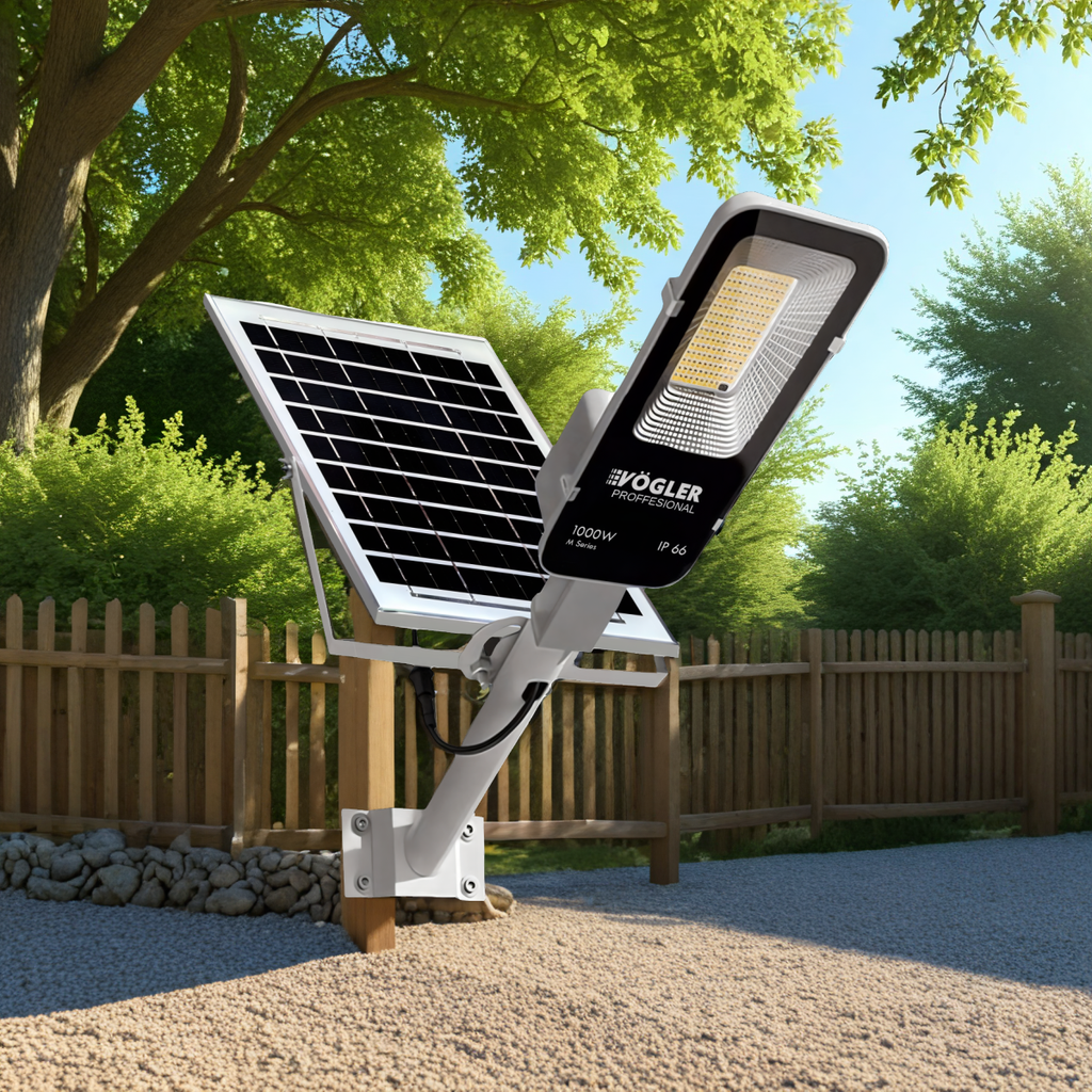 Võimas päikeseenergial töötav lamp, hämardusandur, kaugjuhtimispult, Vögler Professional 1000W