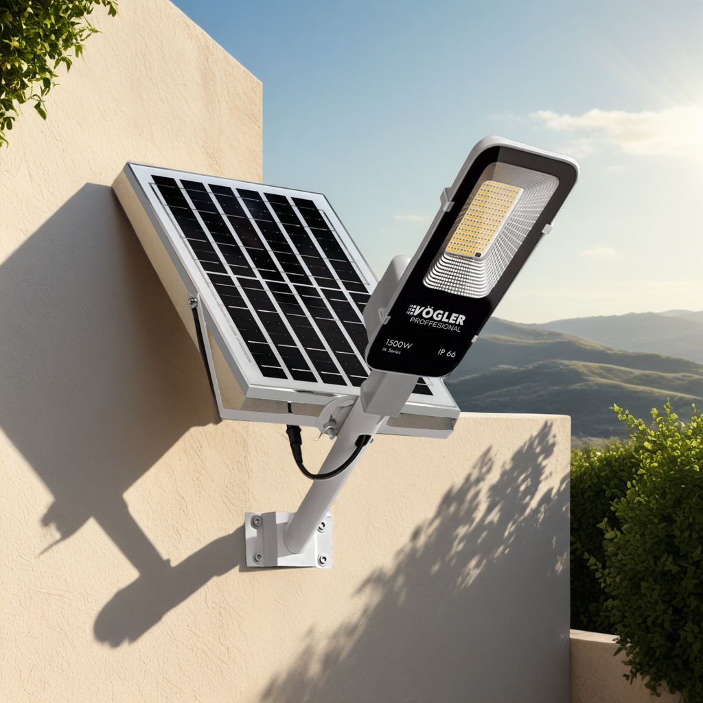 Võimas päikeseenergial töötav lamp, hämardusandur, kaugjuhtimispult, Vögler Professional 1500W
