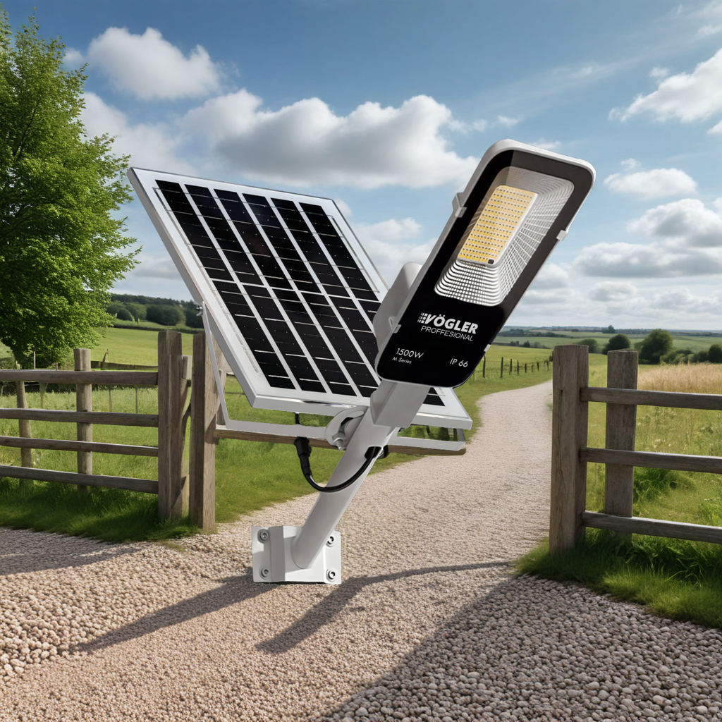 Võimas päikeseenergial töötav lamp, hämardusandur, kaugjuhtimispult, Vögler Professional 1500W