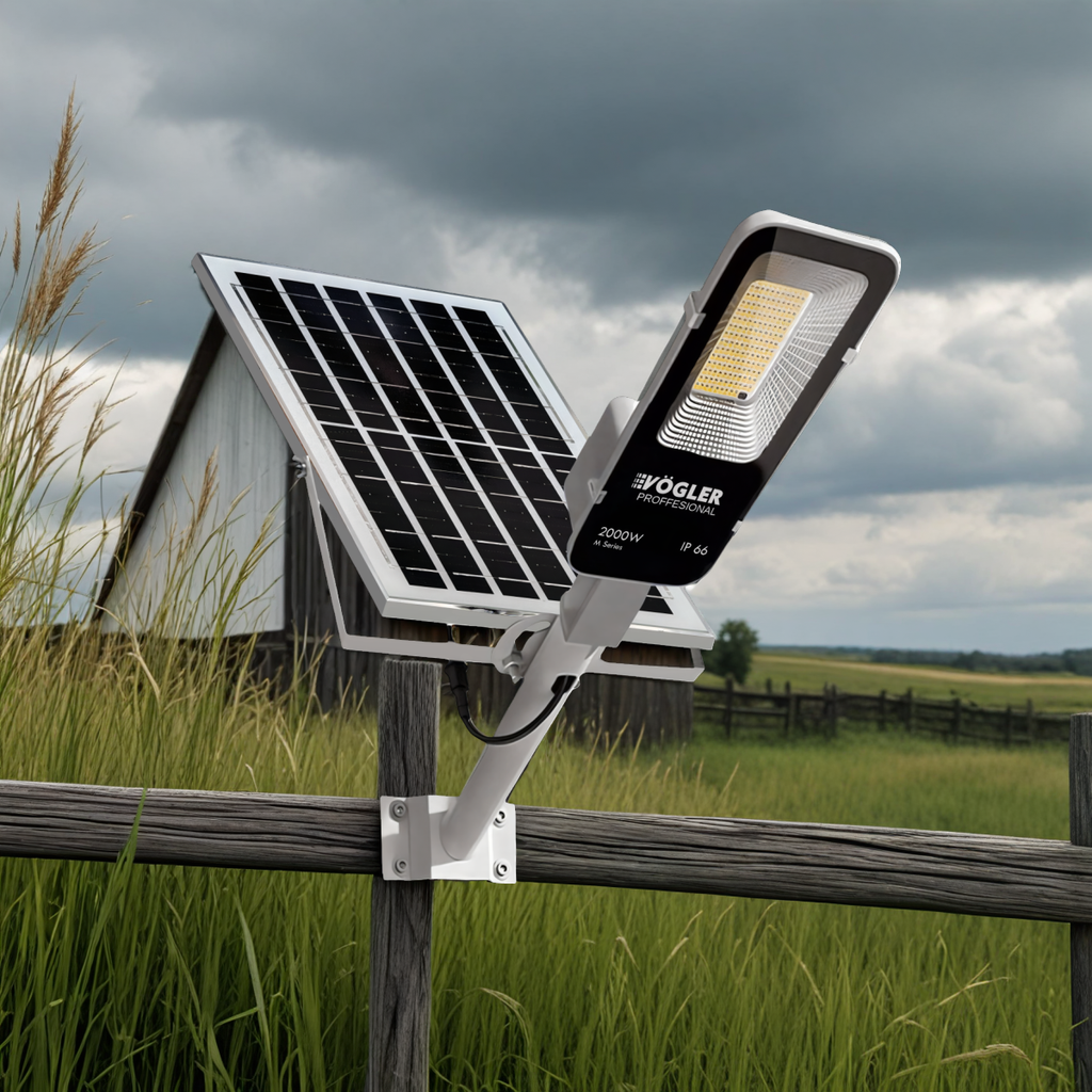 Võimas päikeseenergial töötav lamp, hämardusandur, kaugjuhtimispult, Vögler Professional 2000W