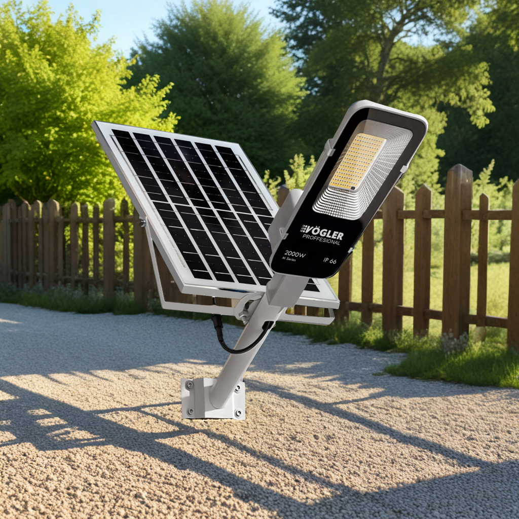 Võimas päikeseenergial töötav lamp, hämardusandur, kaugjuhtimispult, Vögler Professional 2000W