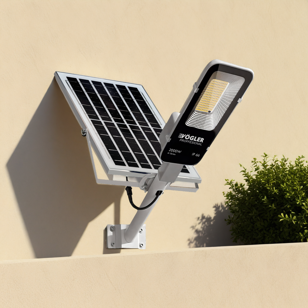 Võimas päikeseenergial töötav lamp, hämardusandur, kaugjuhtimispult, Vögler Professional 2000W