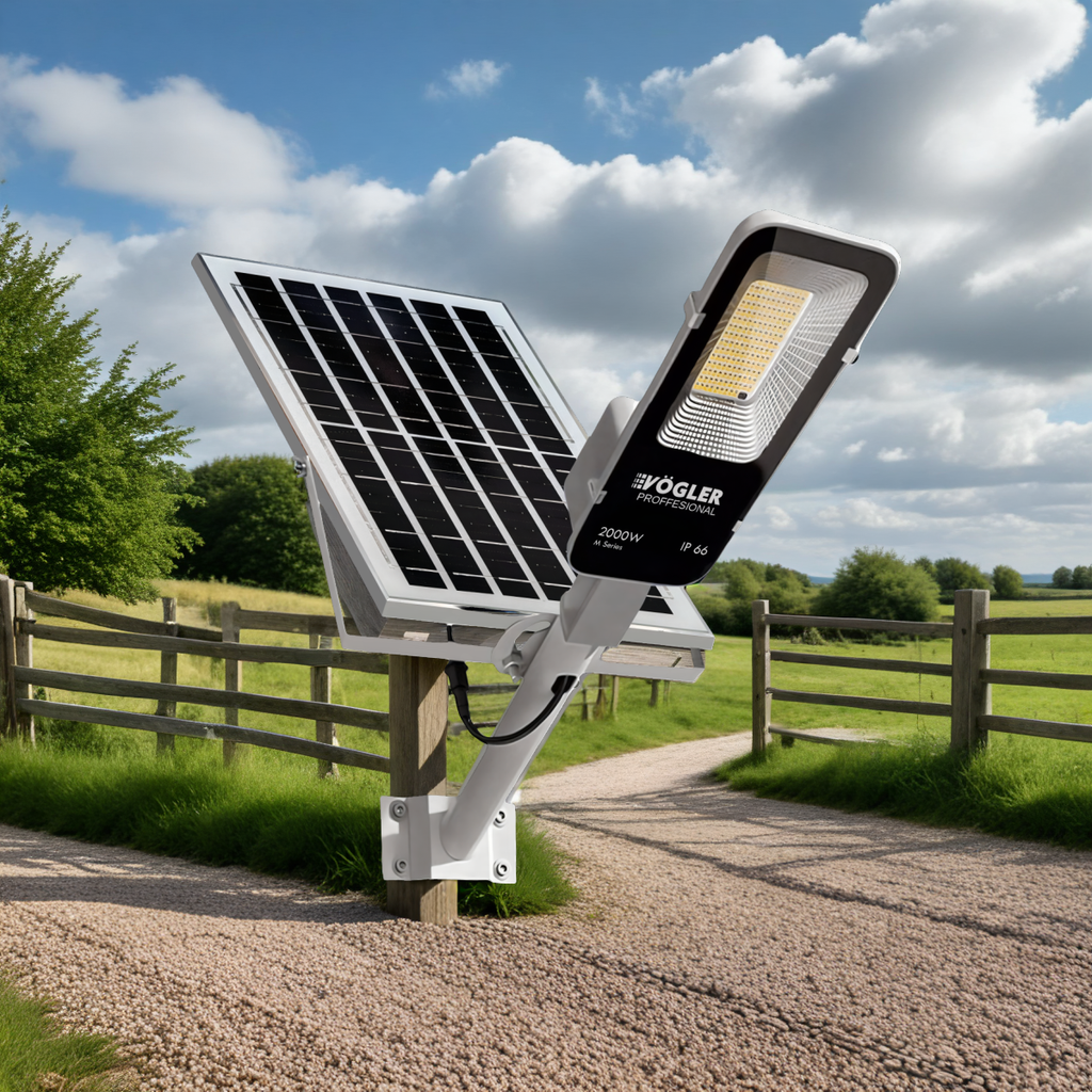 Võimas päikeseenergial töötav lamp, hämardusandur, kaugjuhtimispult, Vögler Professional 2000W