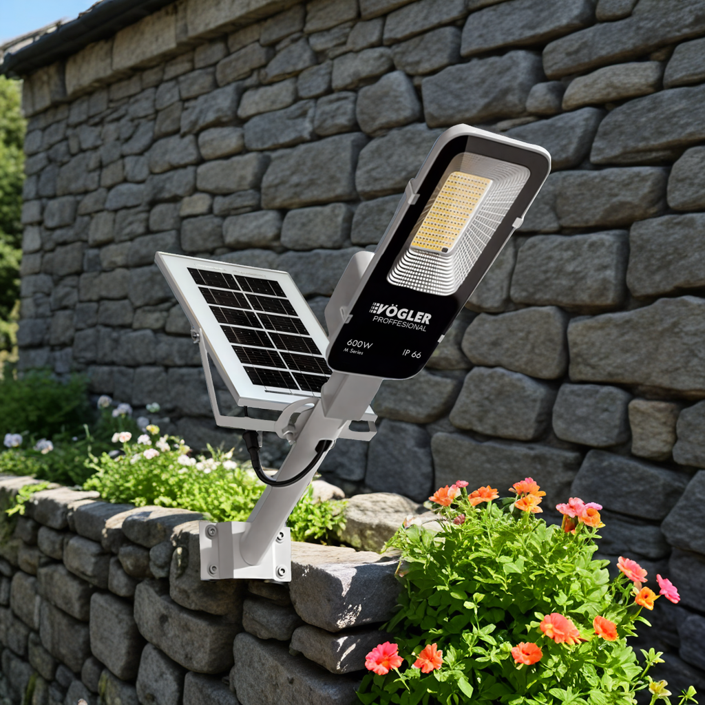 Võimas päikeseenergial töötav lamp, hämardusandur, kaugjuhtimispult, Vögler Professional 600W