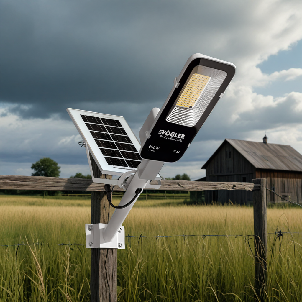 Võimas päikeseenergial töötav lamp, hämardusandur, kaugjuhtimispult, Vögler Professional 600W