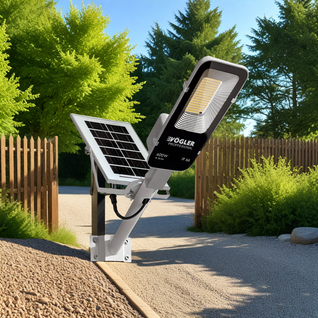 Võimas päikeseenergial töötav lamp, hämardusandur, kaugjuhtimispult, Vögler Professional 600W