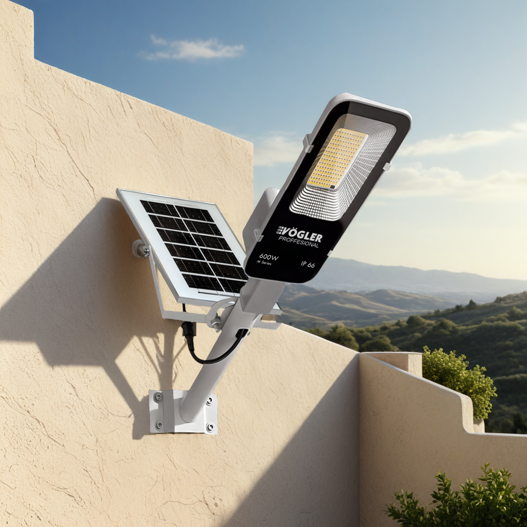 Võimas päikeseenergial töötav lamp, hämardusandur, kaugjuhtimispult, Vögler Professional 600W