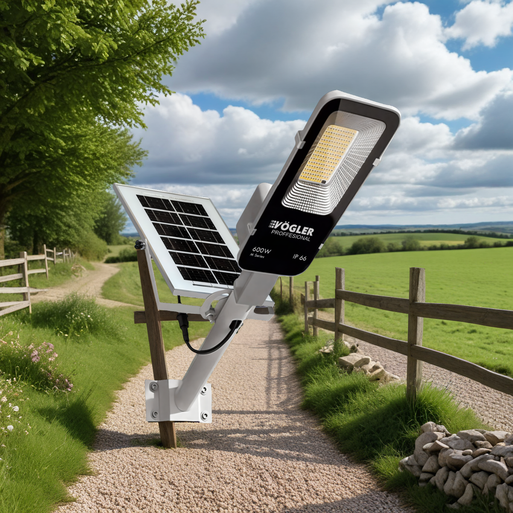 Võimas päikeseenergial töötav lamp, hämardusandur, kaugjuhtimispult, Vögler Professional 600W