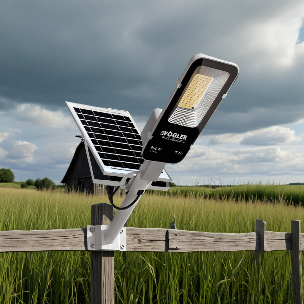 Võimas päikeseenergial töötav lamp, hämardusandur, kaugjuhtimispult, Vögler Professional 800W
