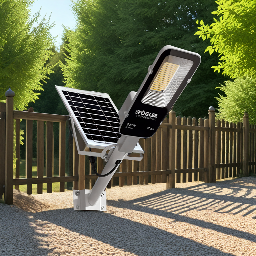 Võimas päikeseenergial töötav lamp, hämardusandur, kaugjuhtimispult, Vögler Professional 800W