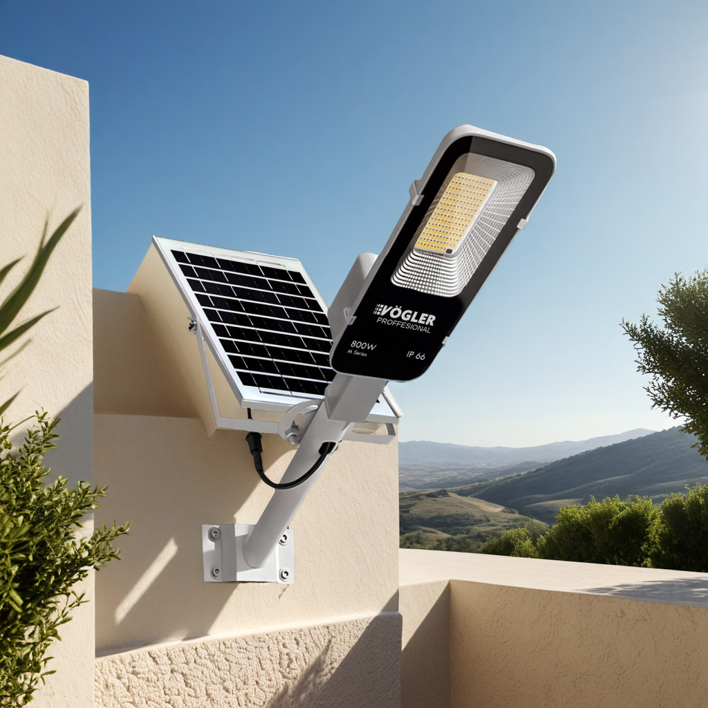 Võimas päikeseenergial töötav lamp, hämardusandur, kaugjuhtimispult, Vögler Professional 800W