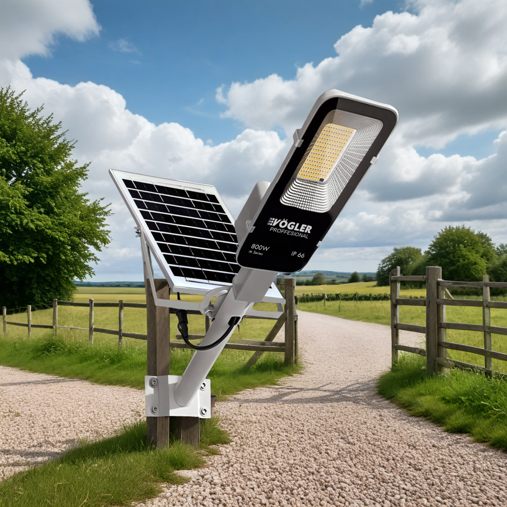 Võimas päikeseenergial töötav lamp, hämardusandur, kaugjuhtimispult, Vögler Professional 800W