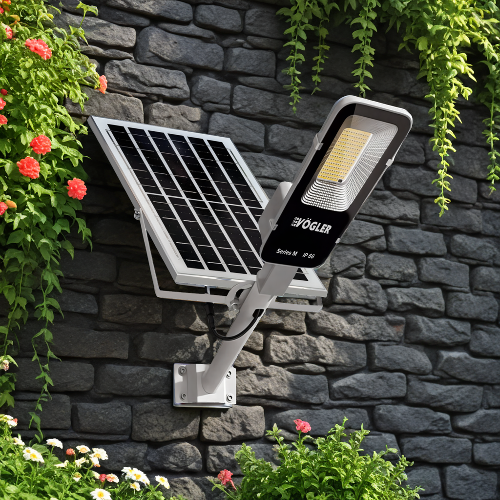 Võimas päikeseenergial töötav valgustus, hämardusandur, kaugjuhtimispult, Vögler Series M 2000W