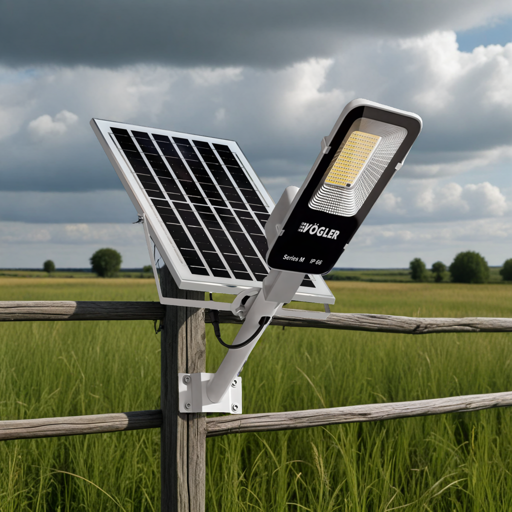Võimas päikeseenergial töötav valgustus, hämardusandur, kaugjuhtimispult, Vögler Series M 2000W