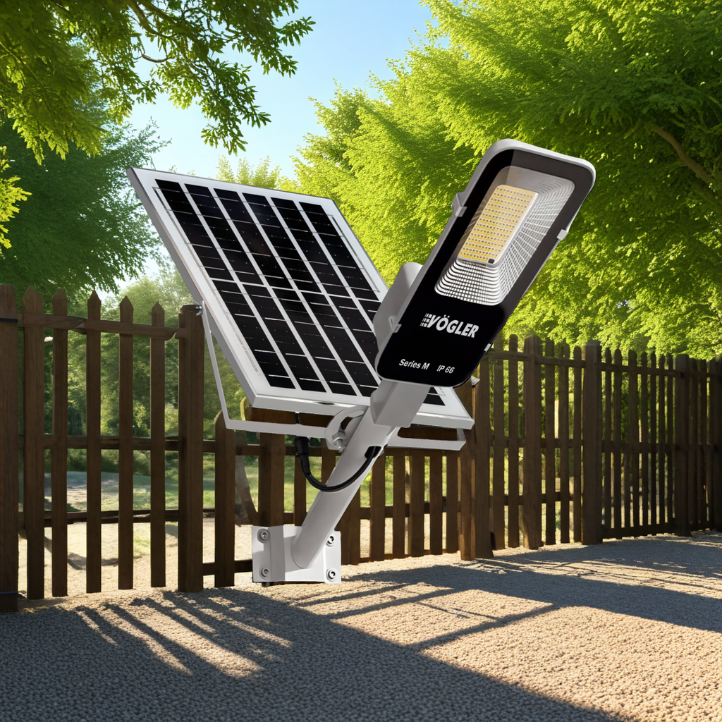 Võimas päikeseenergial töötav valgustus, hämardusandur, kaugjuhtimispult, Vögler Series M 2000W