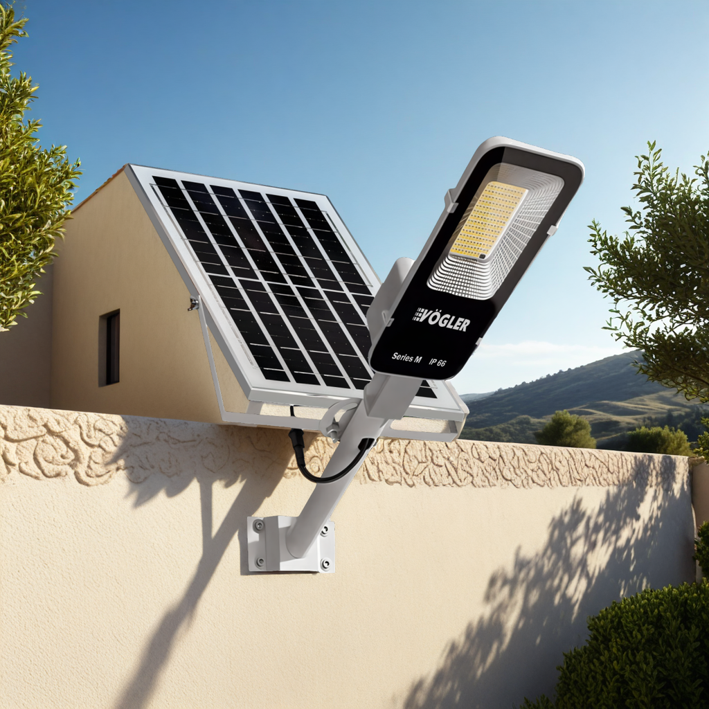Võimas päikeseenergial töötav valgustus, hämardusandur, kaugjuhtimispult, Vögler Series M 2000W